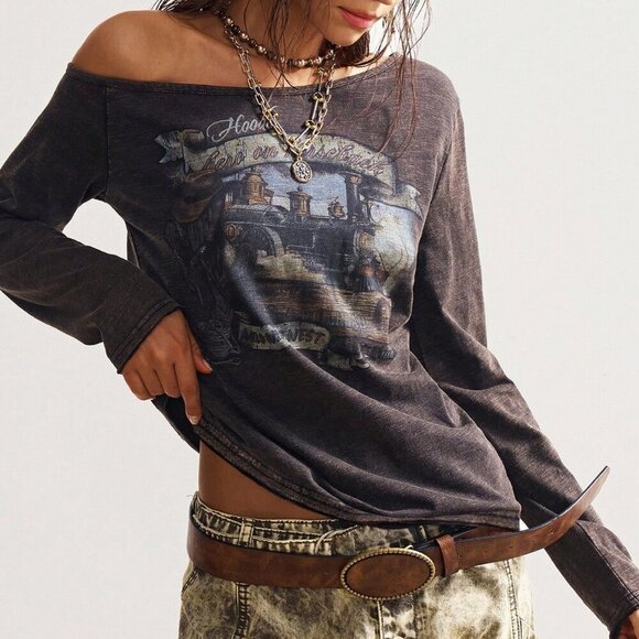 Casual Women's One-Shoulder Long Sleeve T-Shirt - Picture 4 of 7